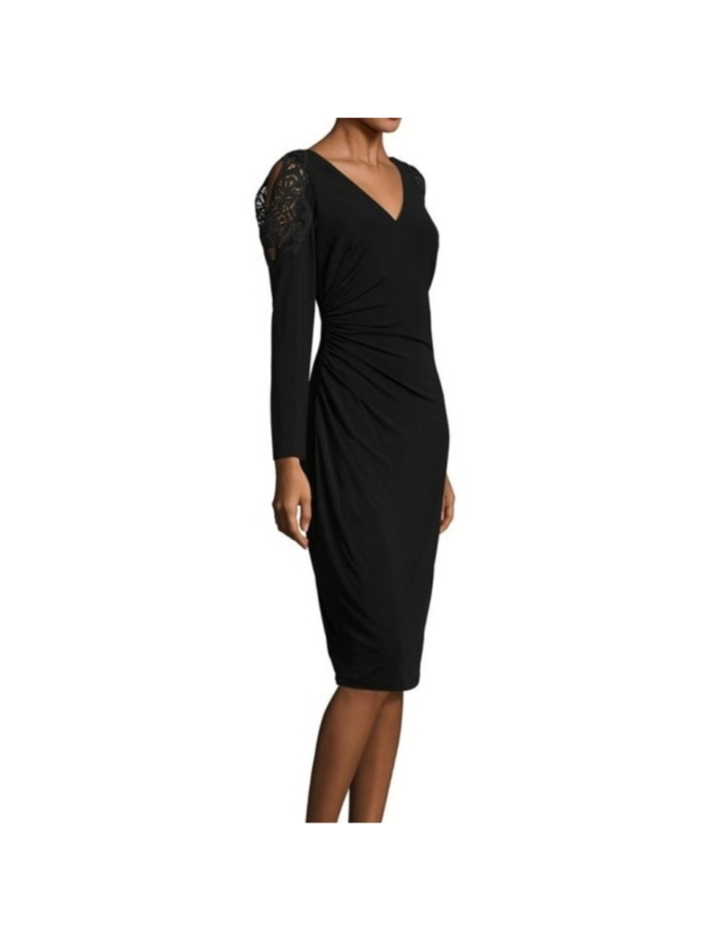 David Meister crochet lace black ruched dress LBD cocktail party women's size 0